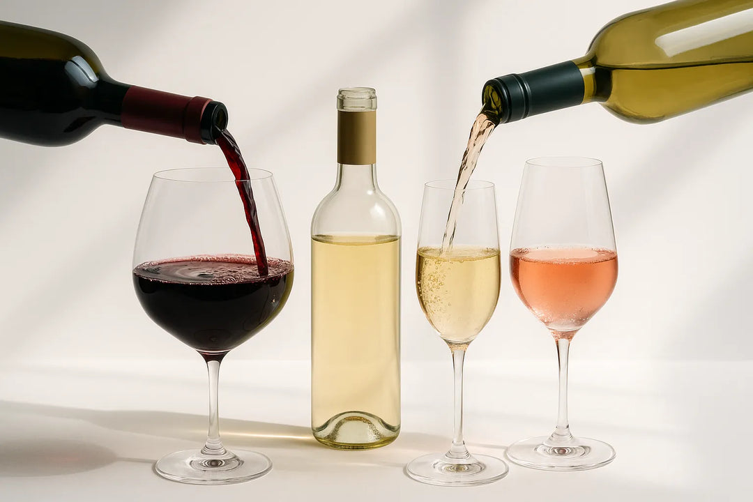 different type of wine bottle pouring into glasses with light background